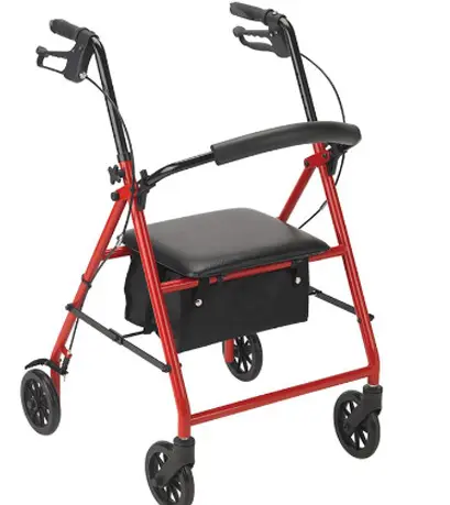 A red walker with wheels and seat.