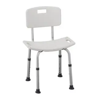 A white shower chair with back rest and foot rests.