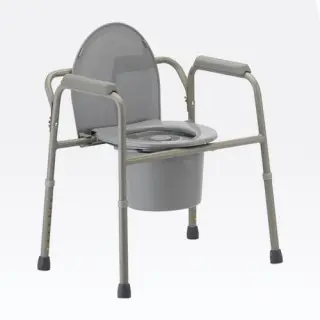 A commode chair with the seat up and back down.
