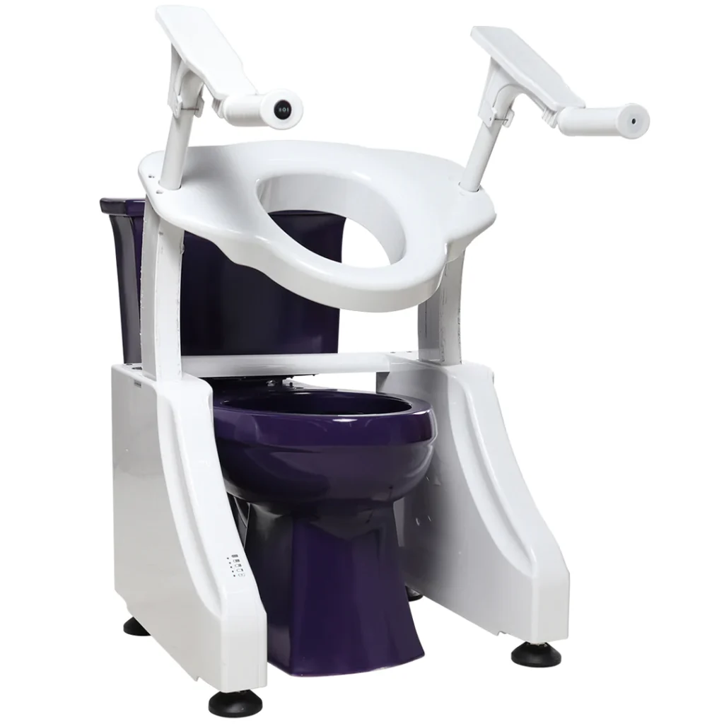A toilet with two arms and a seat.