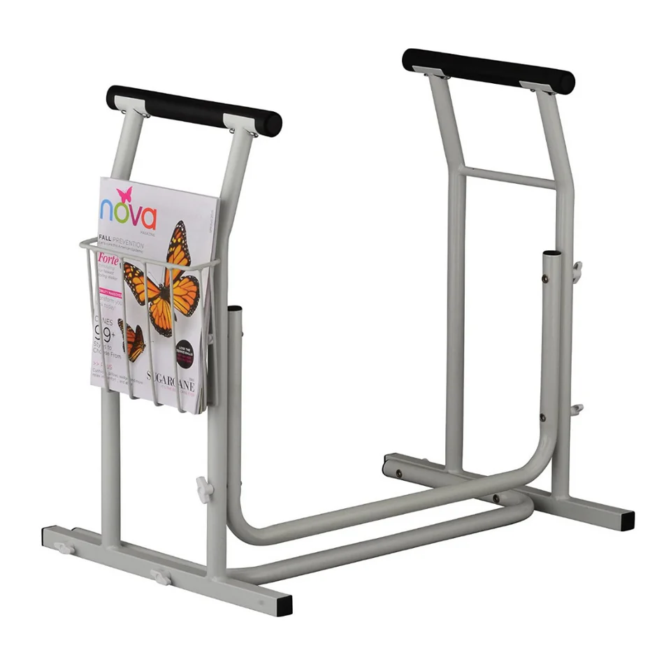 A white metal stand with a magazine rack on top of it.