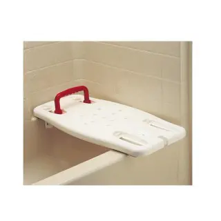 A white tub seat with red handles.