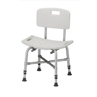 A white shower chair with back rest and foot rests.