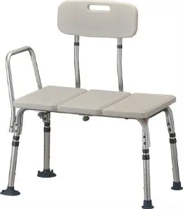 A white shower chair with back and arms.