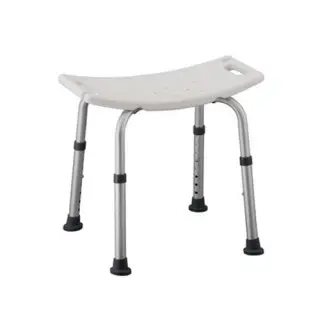A white shower chair with a foot rest.