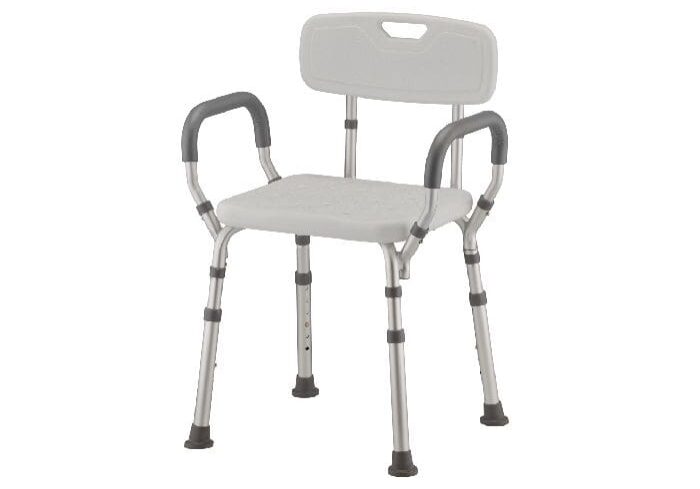 A white shower chair with arms and back.